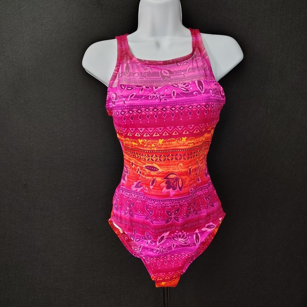 Vintage Kathy Ireland Swimsuit Neon Pink Floral Illusion Neck One Piece Sz 12